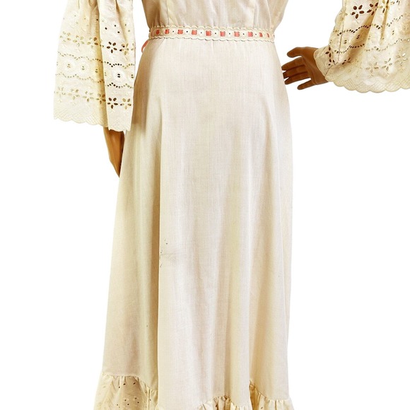 Vintage Ivory Cotton Eyelet Lace Cottagecore Peasant Dress Boho Hippie 60s 70's - Picture 9 of 16